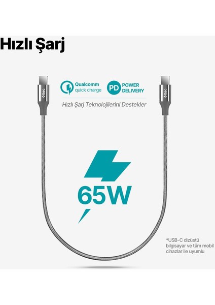 Alumicable Usb-C - Usb-C 30CM 65W Pd/qc Hızlı Şarj/data Kablosu Uzay Grisi