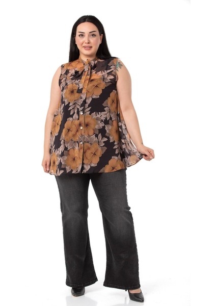 Büyük Beden Kendinden Fularlı Kolsuz Çiçek Desenli Şifon Hardal Gömlek fiyatları
