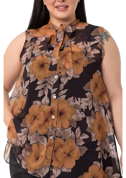 Büyük Beden Kendinden Fularlı Kolsuz Çiçek Desenli Şifon Hardal Gömlek fırsatları