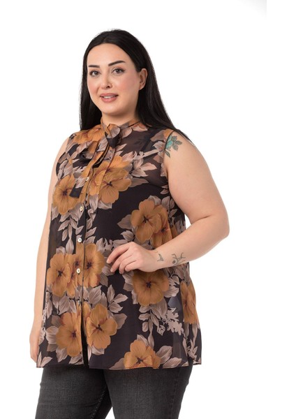 Büyük Beden Kendinden Fularlı Kolsuz Çiçek Desenli Şifon Hardal Gömlek indirimleri