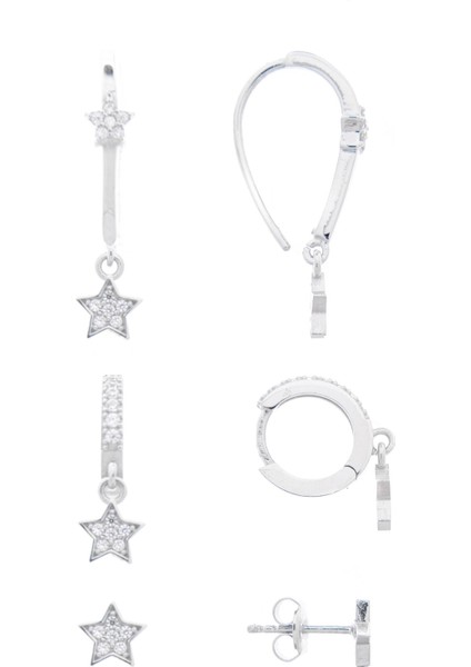 Üçyıldızlı Kombin Zirkon Taşlı 925 Ayar Gümüş Küpe