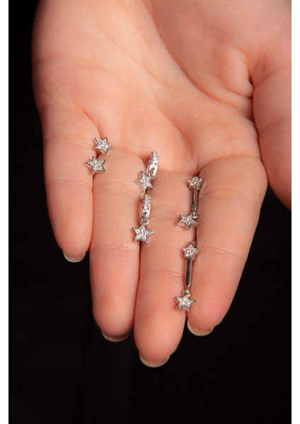 Üçyıldızlı Kombin Zirkon Taşlı 925 Ayar Gümüş Küpe modelleri