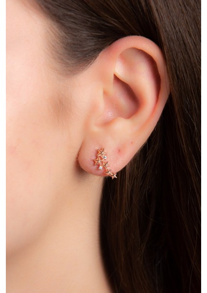 Rose Zirkon Taşlı Yıldızlı 925 Ayar Gümüş Vidalı Küpe