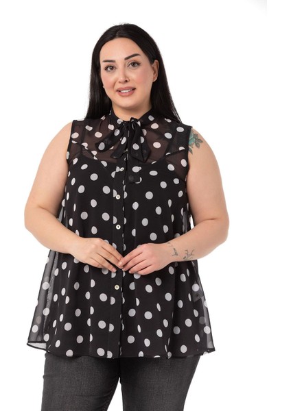 Büyük Beden Kendinden Fularlı Kolsuz Puantiyeli Şifon Siyah Gömlek