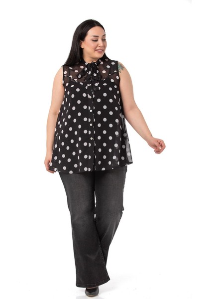 Büyük Beden Kendinden Fularlı Kolsuz Puantiyeli Şifon Siyah Gömlek fiyatları