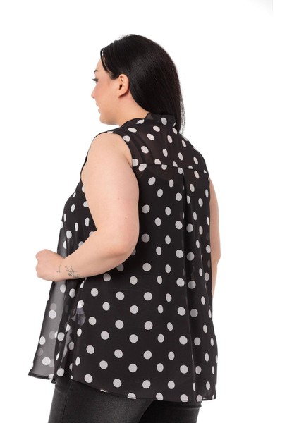 Büyük Beden Kendinden Fularlı Kolsuz Puantiyeli Şifon Siyah Gömlek modelleri