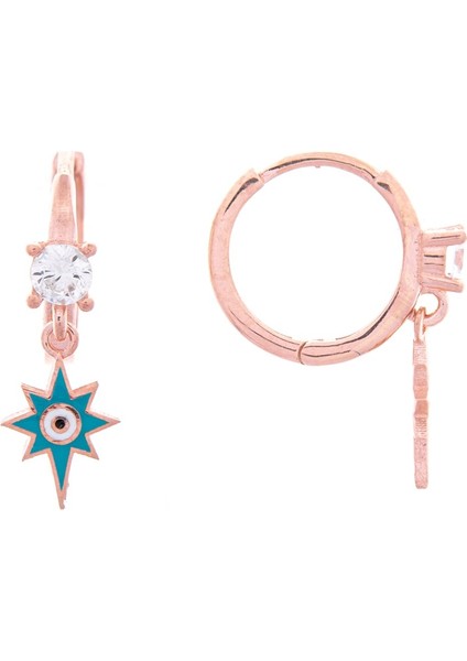 Lazer Mineli Rose 925 Ayar Gümüş Kutup Yıldızlı Nazar Boncuklu Halka Zirkon Taşlı Küpe