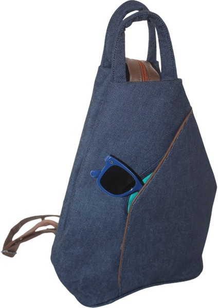 Denim (Kot) Kumaş Kadın Sırt Omuz Çantası Vazo Model Lacivert Ana Renk Taba Deri detaylı ÇNTKOTVAZOLCVRT-TABA003