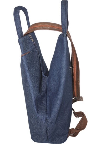 Denim (Kot) Kumaş Kadın Sırt Omuz Çantası Vazo Model Lacivert Ana Renk Taba Deri detaylı ÇNTKOTVAZOLCVRT-TABA003