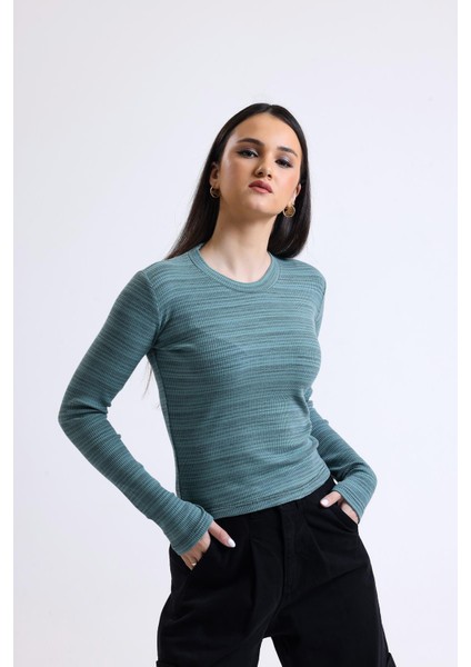 Çağla Bisiklet Yaka Uzun Kollu Fitilli Kaşkorse Bluz