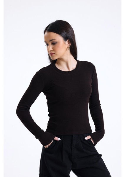 Kahverengi Bisiklet Yaka Uzun Kollu Fitilli Kaşkorse Bluz