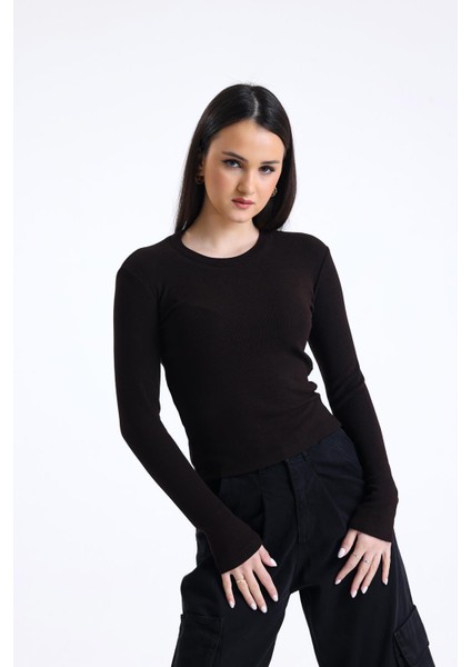 Kahverengi Bisiklet Yaka Uzun Kollu Fitilli Kaşkorse Bluz modelleri