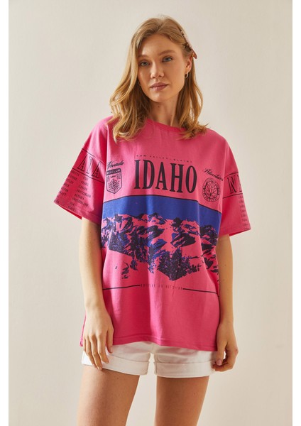 Fuşya Baskılı Bisiklet Yaka Oversize T-Shirt 5YXK1-48004-07 fiyatları