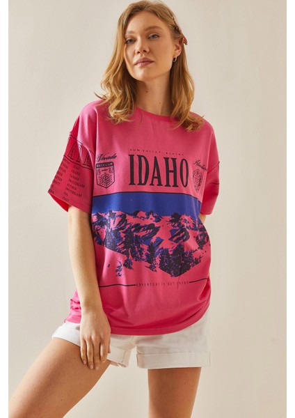 Fuşya Baskılı Bisiklet Yaka Oversize T-Shirt 5YXK1-48004-07 fırsatları