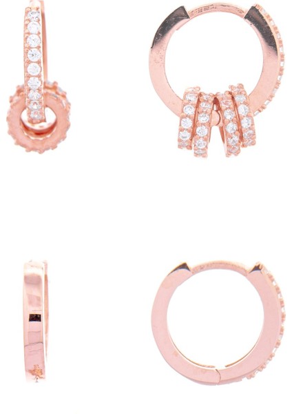 Ikili Halka Küpe Kombin 925 Ayar Gümüş Zirkon Taşlı Rose Küpe