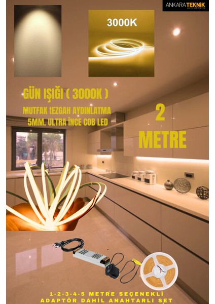 Mutfak Tezgah Üstü Için Ince Cob Şerit LED 12V Adaptör Tak Çalıştır Anahtarlı (Renkseçiniz)