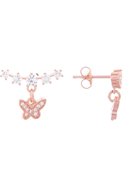 Kelebekli Beştaşlı 925 Ayar Rose Zirkon Taşlı Küpe
