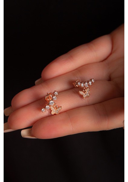 Kelebekli Beştaşlı 925 Ayar Rose Zirkon Taşlı Küpe