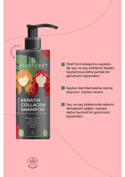 Keratin Collagen Shampoo 400ML 8d Hyaluronık Asit Içeren Keratın-Collagen Şampuanı BIO60