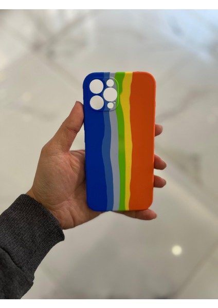 iPhone 12 Pro Max Uyumlu Rainbow Renkli Şeritli Lansman Silikon Darbe Emici Telefon Kılıfı