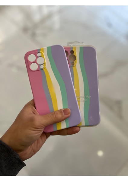 iPhone 12 Pro Max Uyumlu Rainbow Renkli Şeritli Lansman Silikon Darbe Emici Telefon Kılıfı