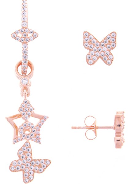 Üçlükelebek 925 Ayar Gümüş Kombin Zirkon Taşlı Rose Küpe Toplam Üç Adet