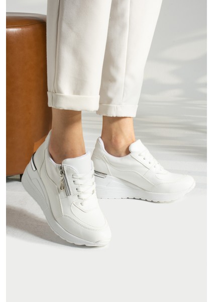 Beyaz Fermuarlı Bağcıklı Yüksek Topuklu Günlük Kadın Sneaker fiyatları