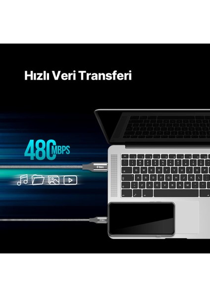 Alumicable Usb-C - Usb-C 200CM 65W Pd/qc Hızlı Şarj/data Kablosu Uzay Grisi