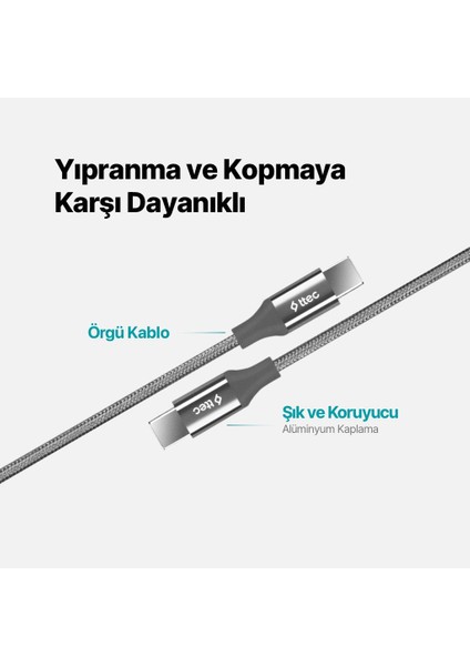 Alumicable Usb-C - Usb-C 200CM 65W Pd/qc Hızlı Şarj/data Kablosu Uzay Grisi