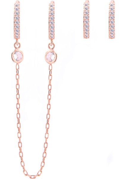 Halkalı Zincirli Kombin 925 Ayar Gümüş Rose Zirkon Taşlı Küpe