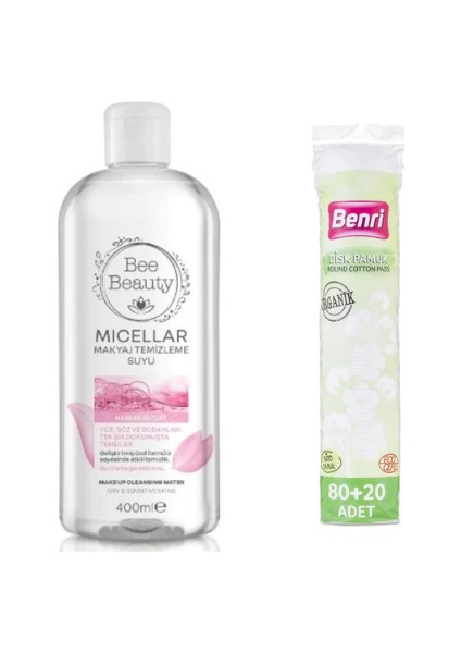 Micellar Makyaj Temizleme Suyu Hassas Ciltler İçin 400 ml + Benri Organik Makyaj Temizleme Pamuğu 80+20 Adet Hediyeli