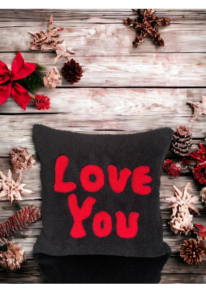 Siyah Kırmızı Peluş Kırmızı Punch Işlemeli Sevgililer Günü Dekoratif Yastık Kırlent Kılıfı