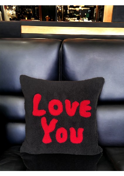 Siyah Kırmızı Peluş Kırmızı Punch Işlemeli Sevgililer Günü Dekoratif Yastık Kırlent Kılıfı fiyatları
