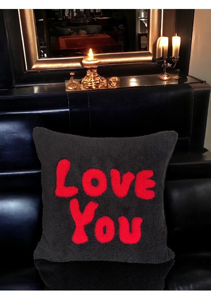 Siyah Kırmızı Peluş Kırmızı Punch Işlemeli Sevgililer Günü Dekoratif Yastık Kırlent Kılıfı modelleri