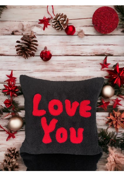 Siyah Kırmızı Peluş Kırmızı Punch Işlemeli Sevgililer Günü Dekoratif Yastık Kırlent Kılıfı fırsatları