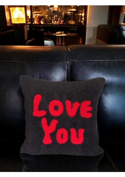 Siyah Kırmızı Peluş Kırmızı Punch Işlemeli Sevgililer Günü Dekoratif Yastık Kırlent Kılıfı indirimleri