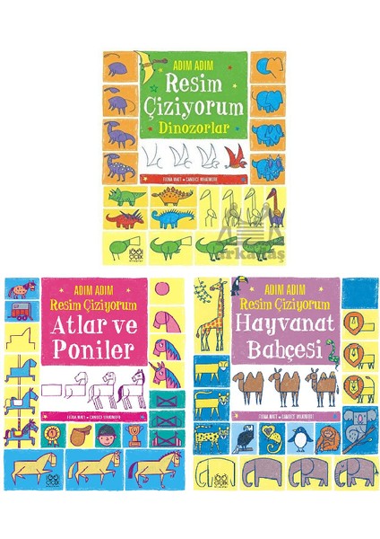 Adım Adım Resim Çiziyorum Dinozorlar - Atlar ve Poniler - Hayvanat Bahçesi 3 Kitap – Matematik Öğreten Ayraç