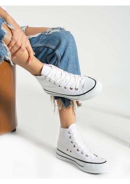 Beyaz Keten [yüksek Taban (4 Cm)] Günlük Uzun Sneaker