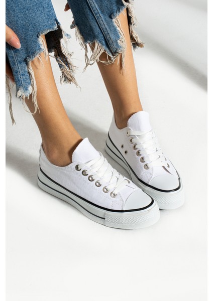 Beyaz Keten [yüksek Taban (4 Cm)] Günlük Kısa Sneaker
