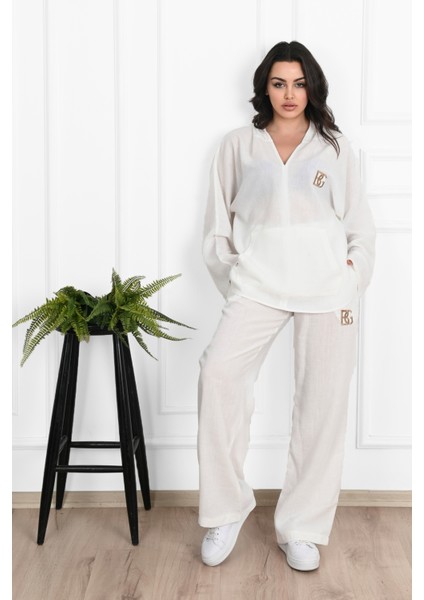Kadın Yazı Baskılı V Yaka Oversize Eşofman Takımı 3795-23