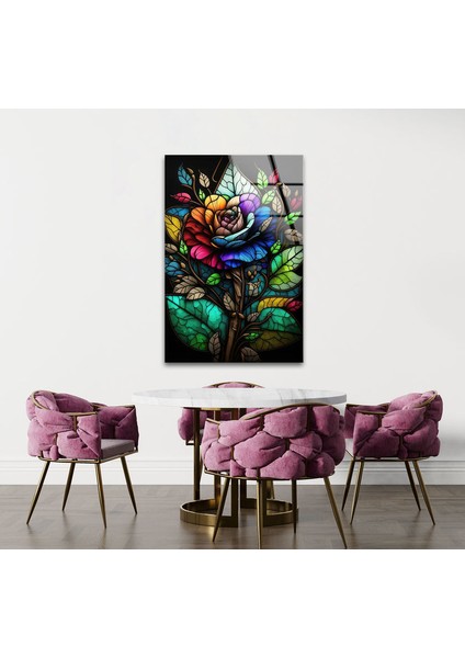 Çiçek Desenli Temperli Cam Duvar Tablosu