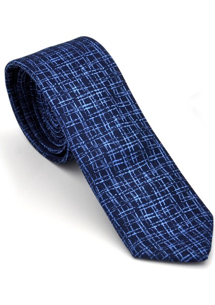 Mavi Desenli Lacivert Dokuma Kumaş Mendilli Slim Fit Kravat // SDK-240110