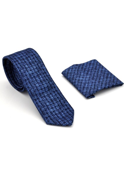 Mavi Desenli Lacivert Dokuma Kumaş Mendilli Slim Fit Kravat // SDK-240110