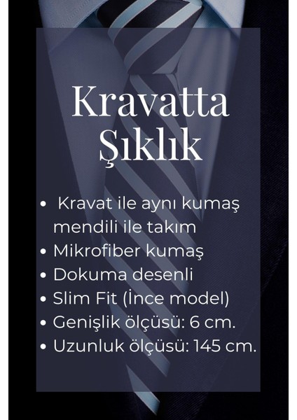 Mavi Desenli Lacivert Dokuma Kumaş Mendilli Slim Fit Kravat // SDK-240110