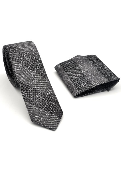 Füme Gri Verev Desenli Dokuma Kumaş Mendilli Slim Fit Kravat // SDK-240106