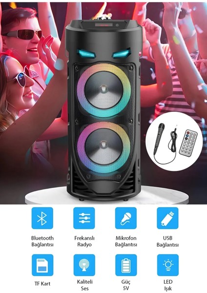 Süper Bass Büyük Boy Bluetooth Hoparlör LED Işıklı Çift Hoparlör Mikrofonlu Karaoke Speaker