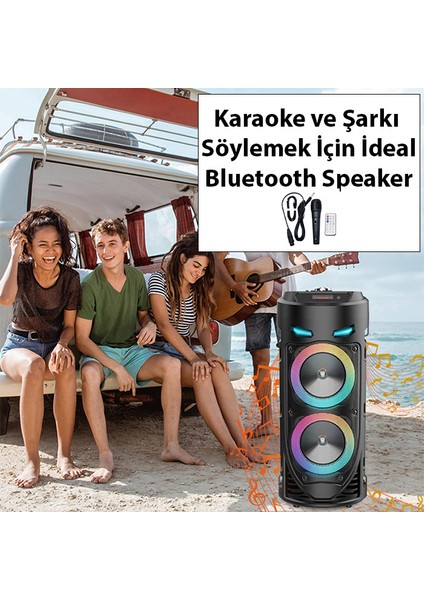 Süper Bass Büyük Boy Bluetooth Hoparlör LED Işıklı Çift Hoparlör Mikrofonlu Karaoke Speaker