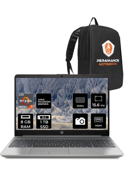 255 G9 AMD Ryzen 7 5825U 8GB 1TB SSD 15.6'' FHD FDOS Taşınabilir Bilgisayar & PER4 Çanta 6Q8N3ES170