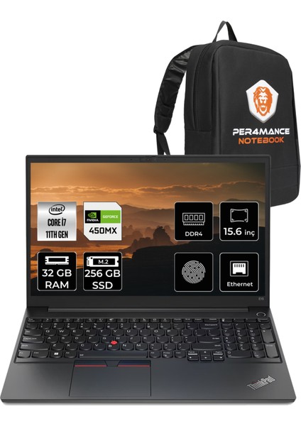 Thinkpad E15 Intel Core I7 1165G7 32GB 256GB SSD MX450 15.6" Fhd Fdos Taşınabilir Bilgisayar 20TD00J7TX & Per4 Çanta 20TD00J7TX177