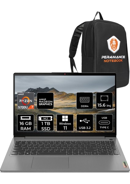 Ideapad 1 15ALC7 Amd Ryzen 7 5700U 16GB 1tb SSD 15.6" Fhd W11P Taşınabilir Bilgisayar 82R4006GTR & Per4 Çanta 82R4006GTR188